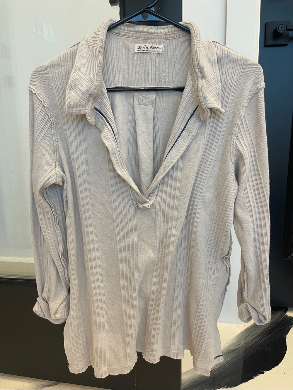 We The Free Cream Ribbed Long-Sleeve Collared Top